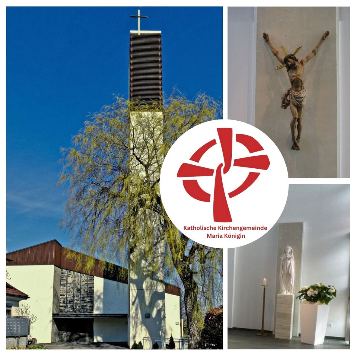Collage der Katholischen Kirche und Innenraum mit Logo der Katholischen Kirchengemeinde Maria Königin